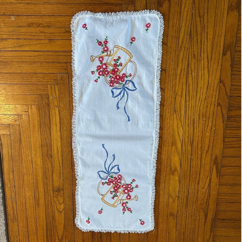 Vintage Embroidered Watering Can Runner with Red Flowers 33x12 Farmhouse Retro